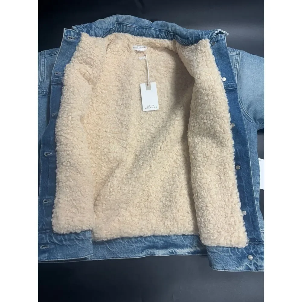Good American NWT‎ Denim Sherpa Jacket GNT828 Size 0 MSRP $195